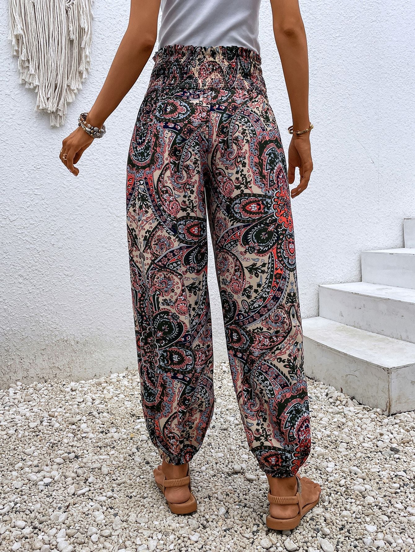 Paisley Print Smocked High-Waist Pants - Lecatta