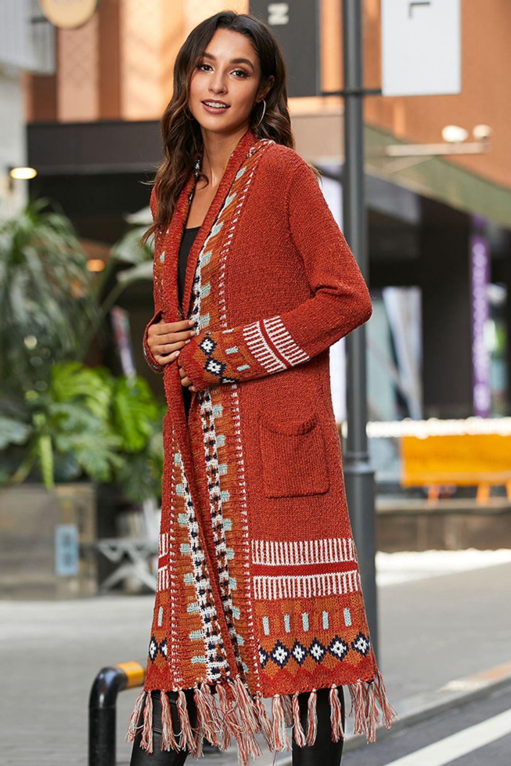 Bohemian Tassel Hem Open Front Duster Cardigan - Lecatta