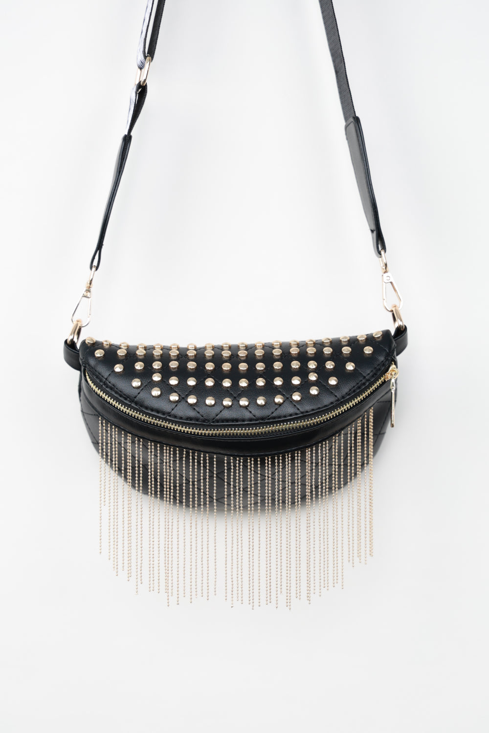 Faux Leather Studded Sling Bag with Fringes - Lecatta