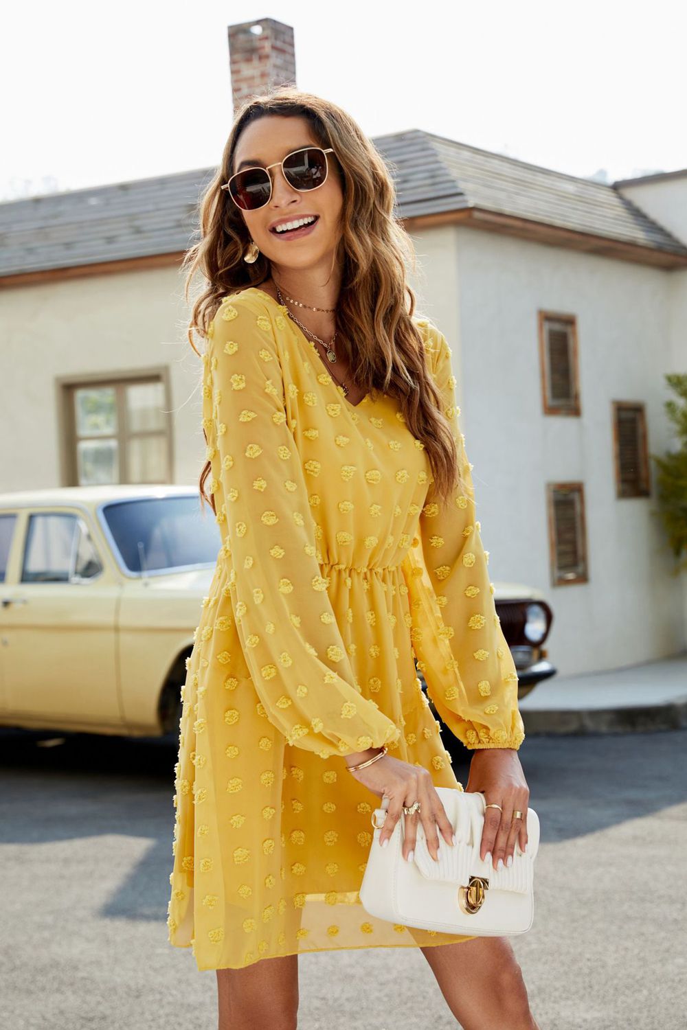 Swiss Dot V-Neck Lantern Sleeve Mini Dress - Lecatta