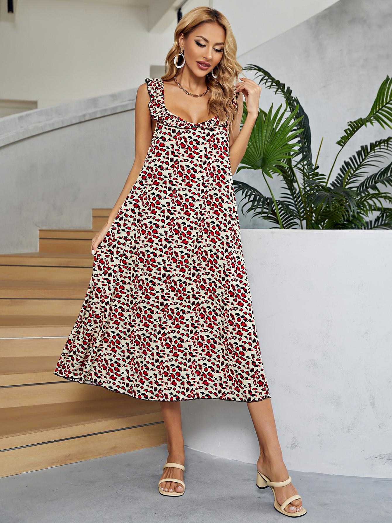 Printed Ruffled Sleeveless Midi Dress - Lecatta