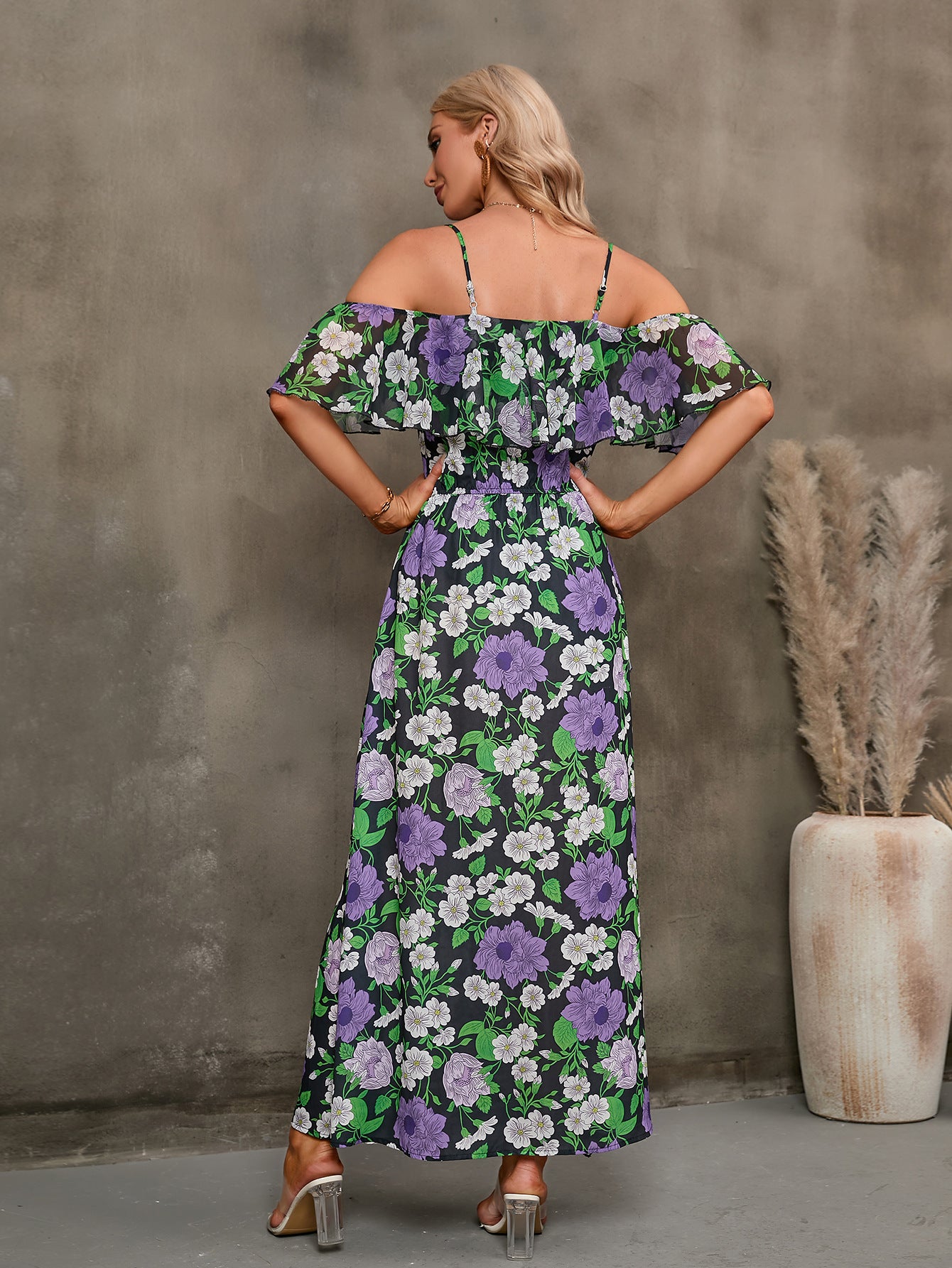 Floral Spaghetti Strap Cold-Shoulder Slit Maxi Dress - Lecatta