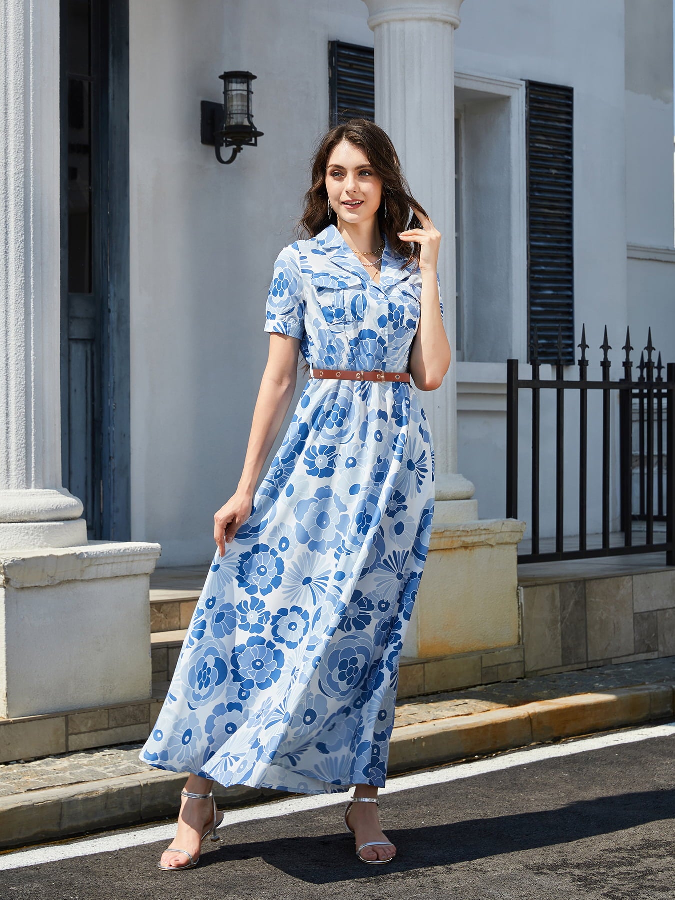 Floral Print Lapel Collar Short Sleeve Maxi Dress - Lecatta