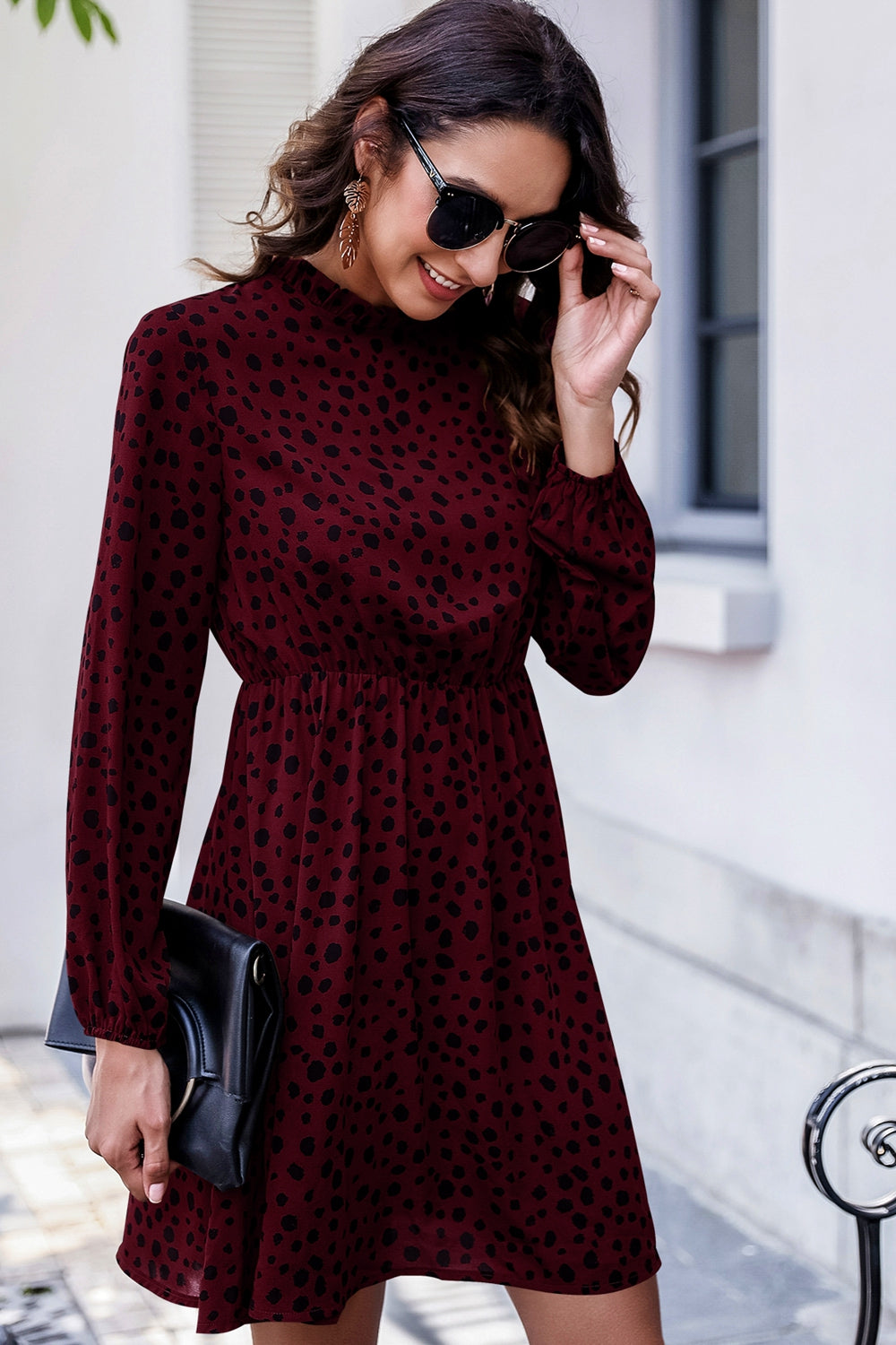 Printed Mock Neck Long Sleeve Midi Dress - Lecatta