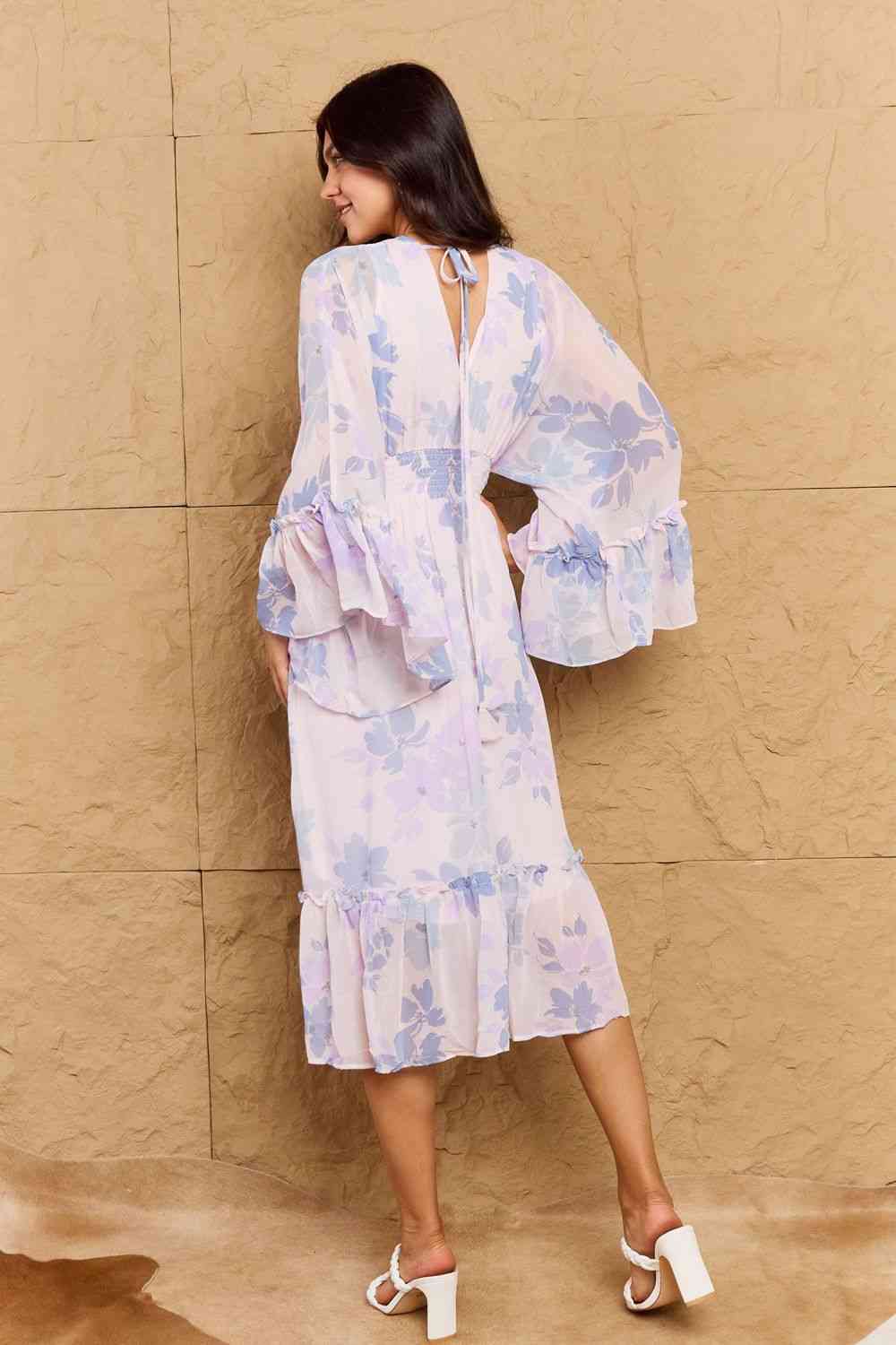 Floral Bell Sleeve Midi Dress in Blue