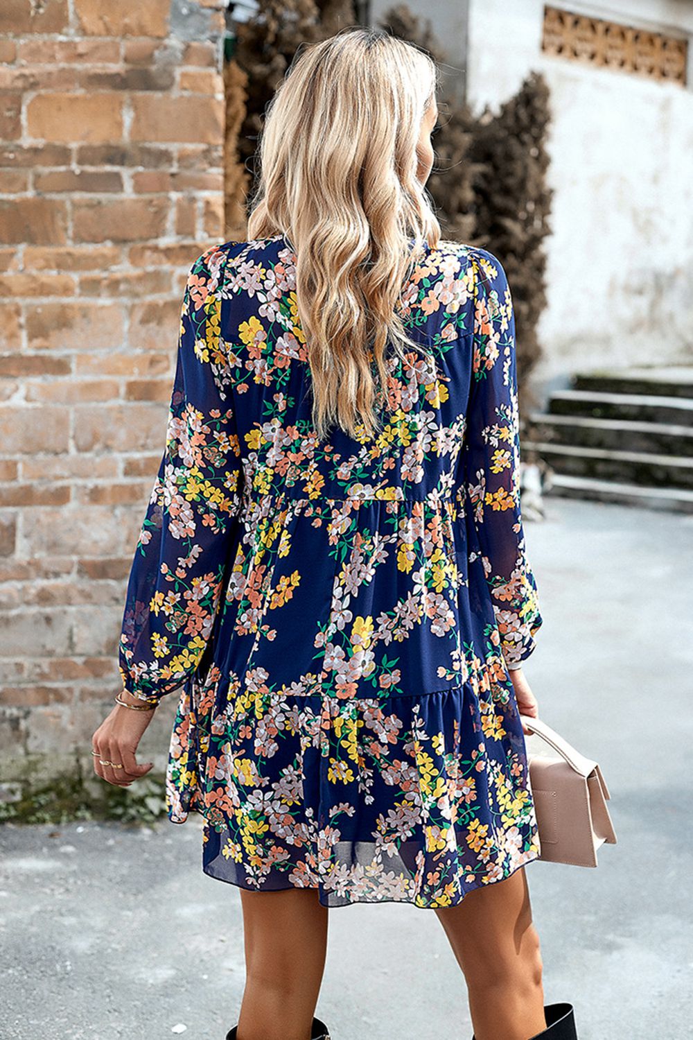 Smocked Floral Print Long Sleeve Mini Dress - Lecatta