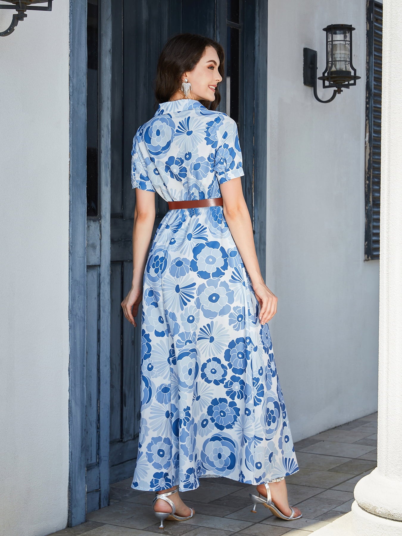 Floral Print Lapel Collar Short Sleeve Maxi Dress - Lecatta