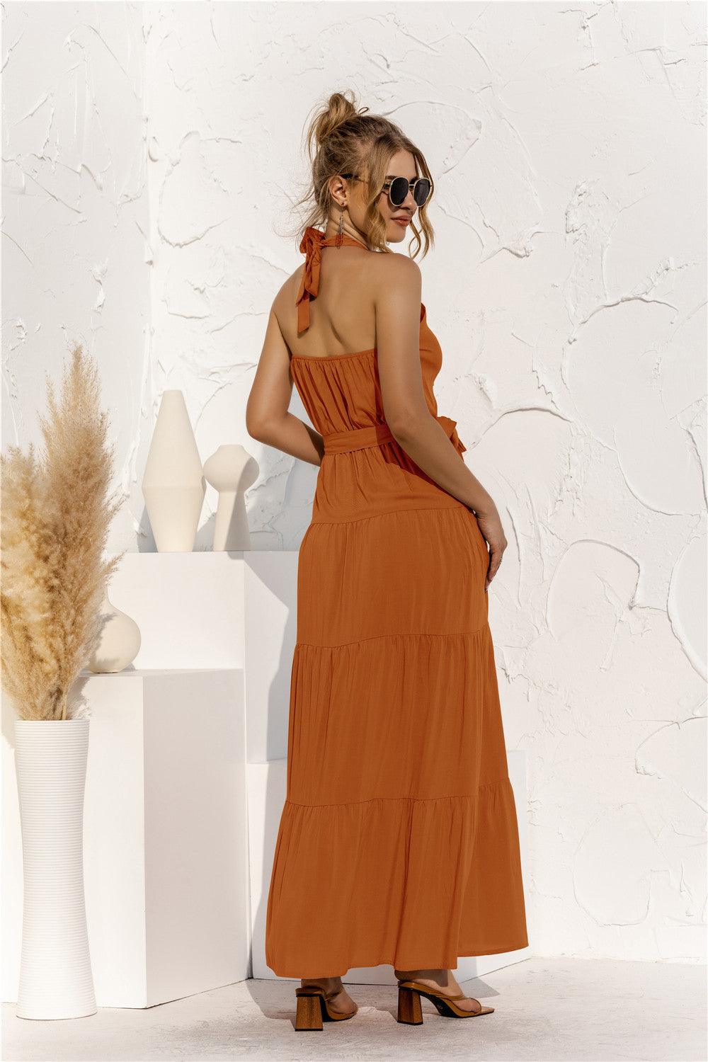 Halter Neck Tie Waist Tiered Maxi Dress - Lecatta