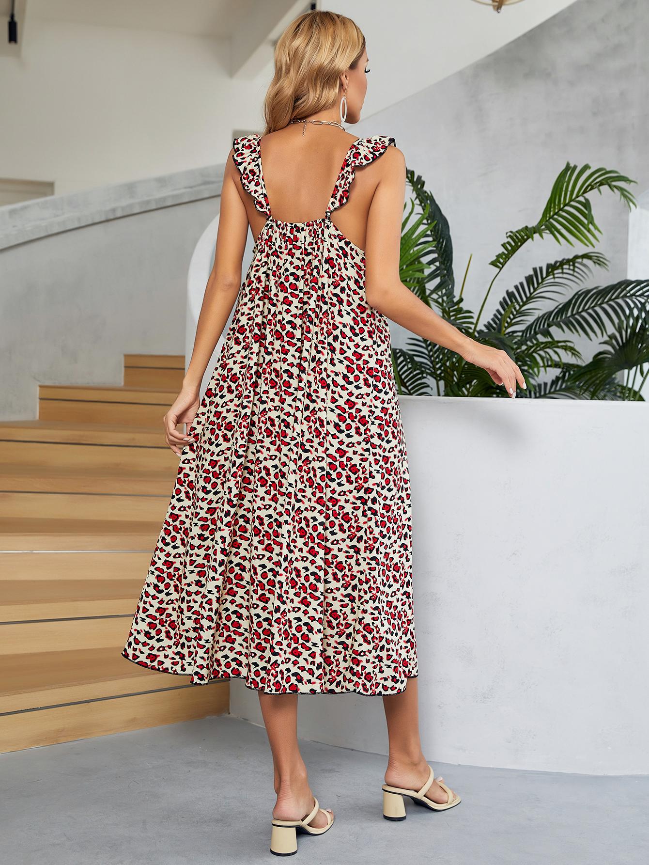 Printed Ruffled Sleeveless Midi Dress - Lecatta