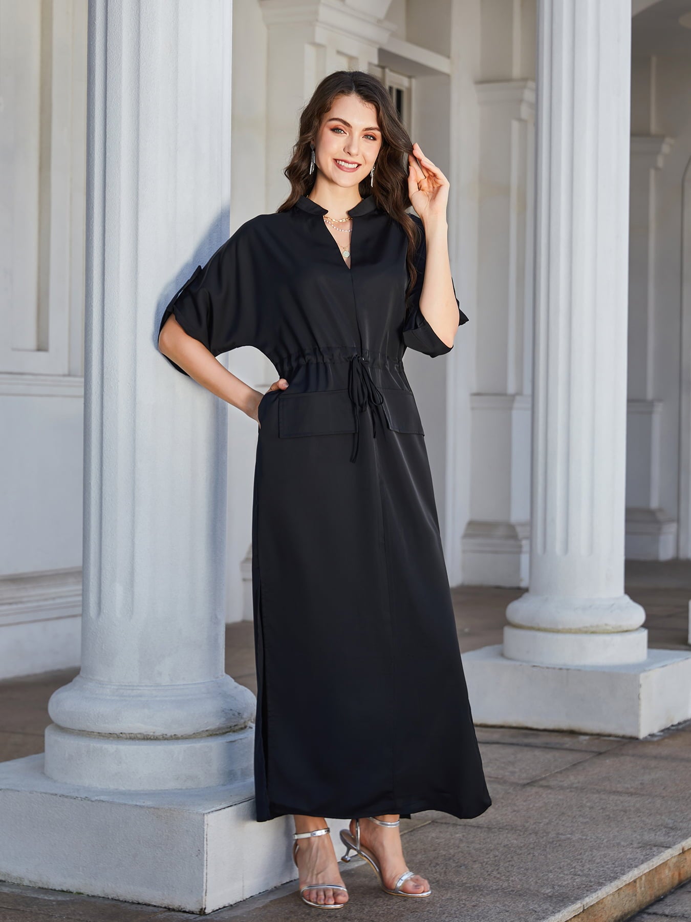 High Slit Roll-tab Sleeve Notched Neck Maxi Dress - Lecatta