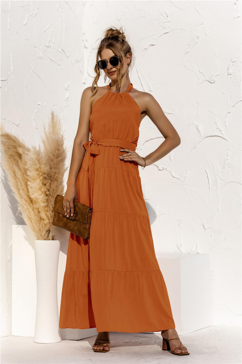 Halter Neck Tie Waist Tiered Maxi Dress - Lecatta
