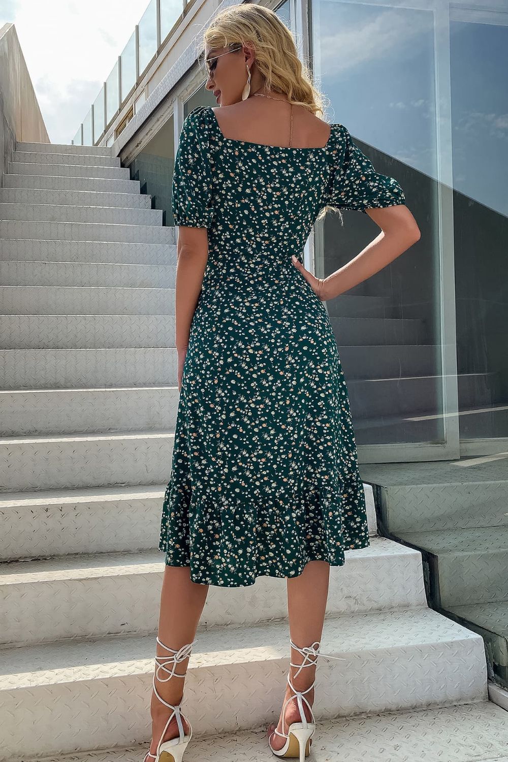 Floral Square Neck Slit Dress - Lecatta