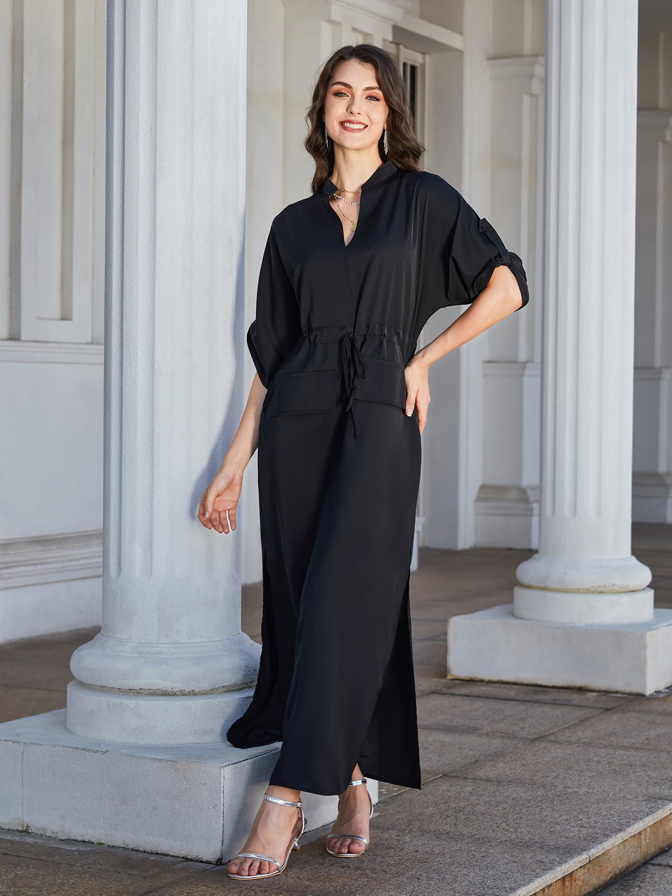 High Slit Roll-tab Sleeve Notched Neck Maxi Dress - Lecatta