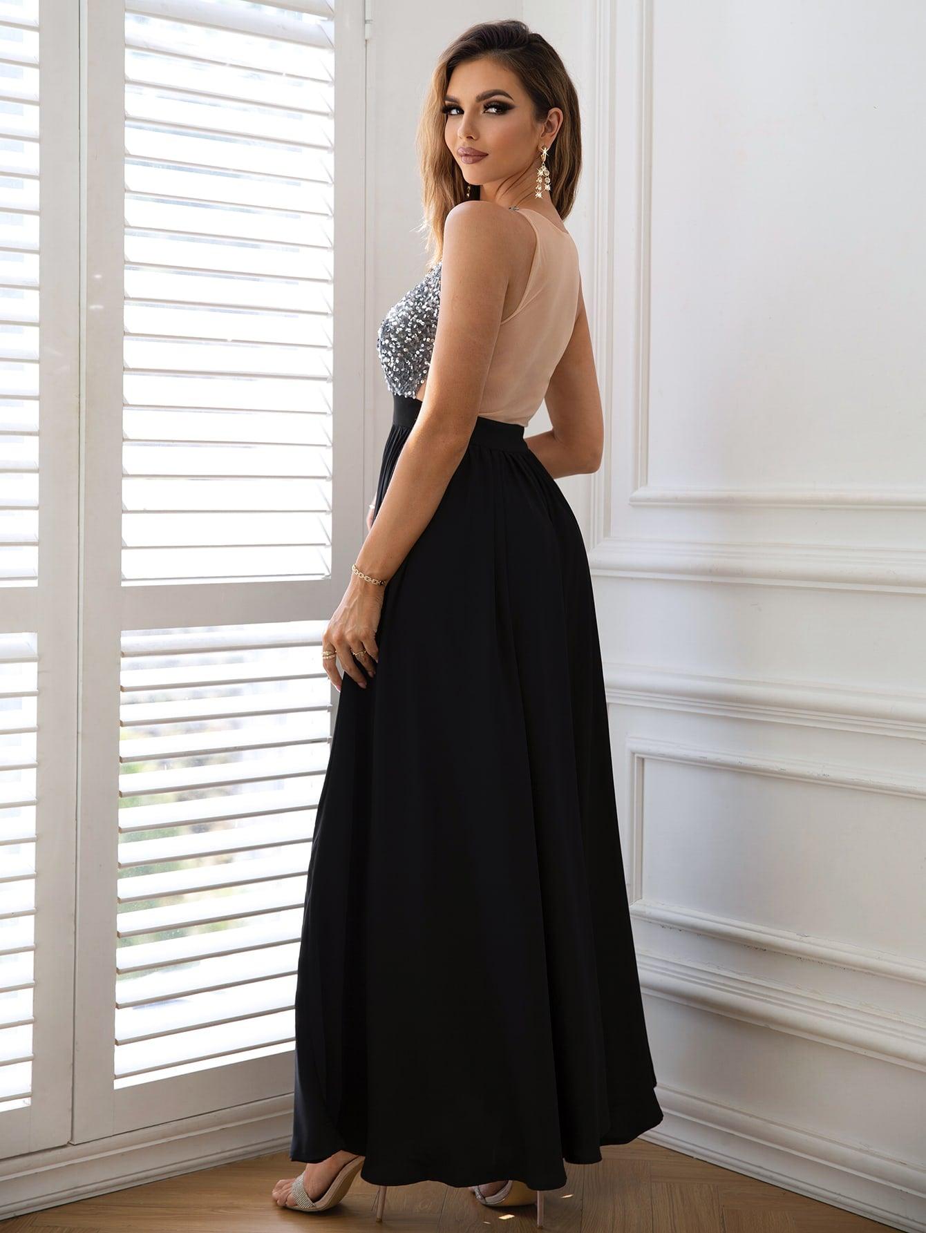 Contrast Sequin Sleeveless Maxi Dress - Lecatta