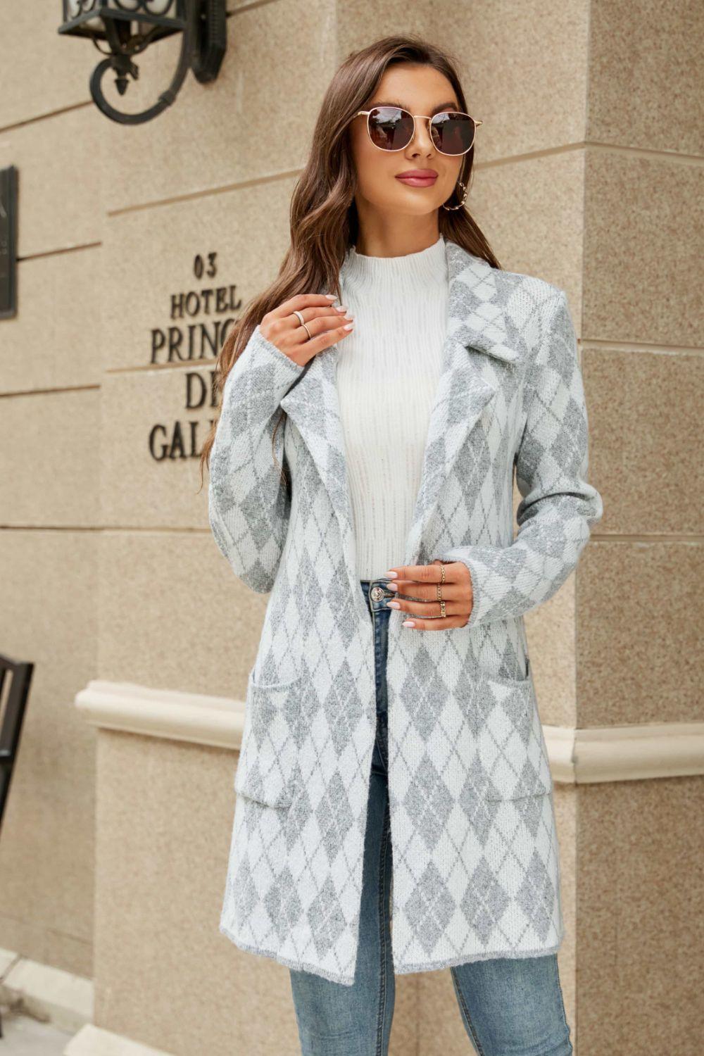 Printed Open Front Lapel Collar Cardigan with Pockets - Lecatta
