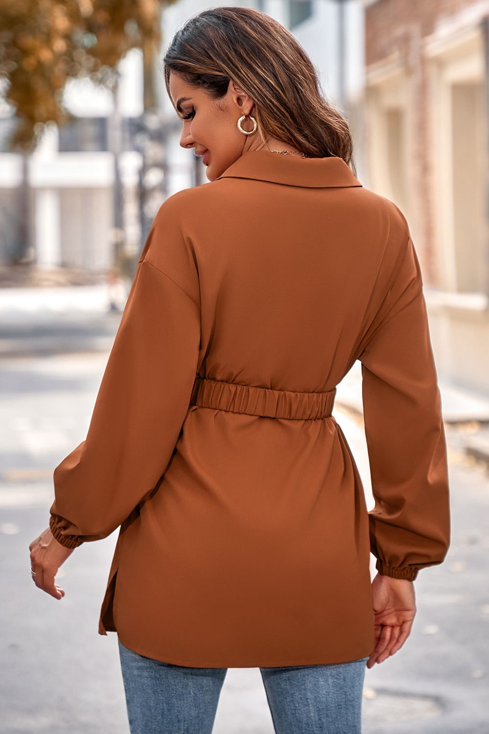 Collared Neck Button Down Long Sleeve Shirt - Lecatta