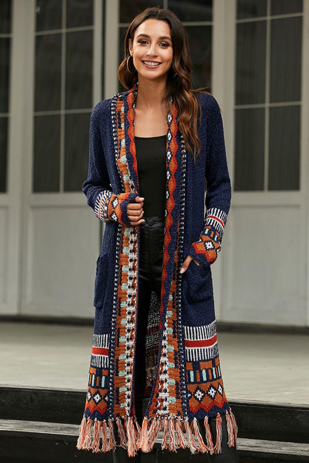 Bohemian Tassel Hem Open Front Duster Cardigan - Lecatta