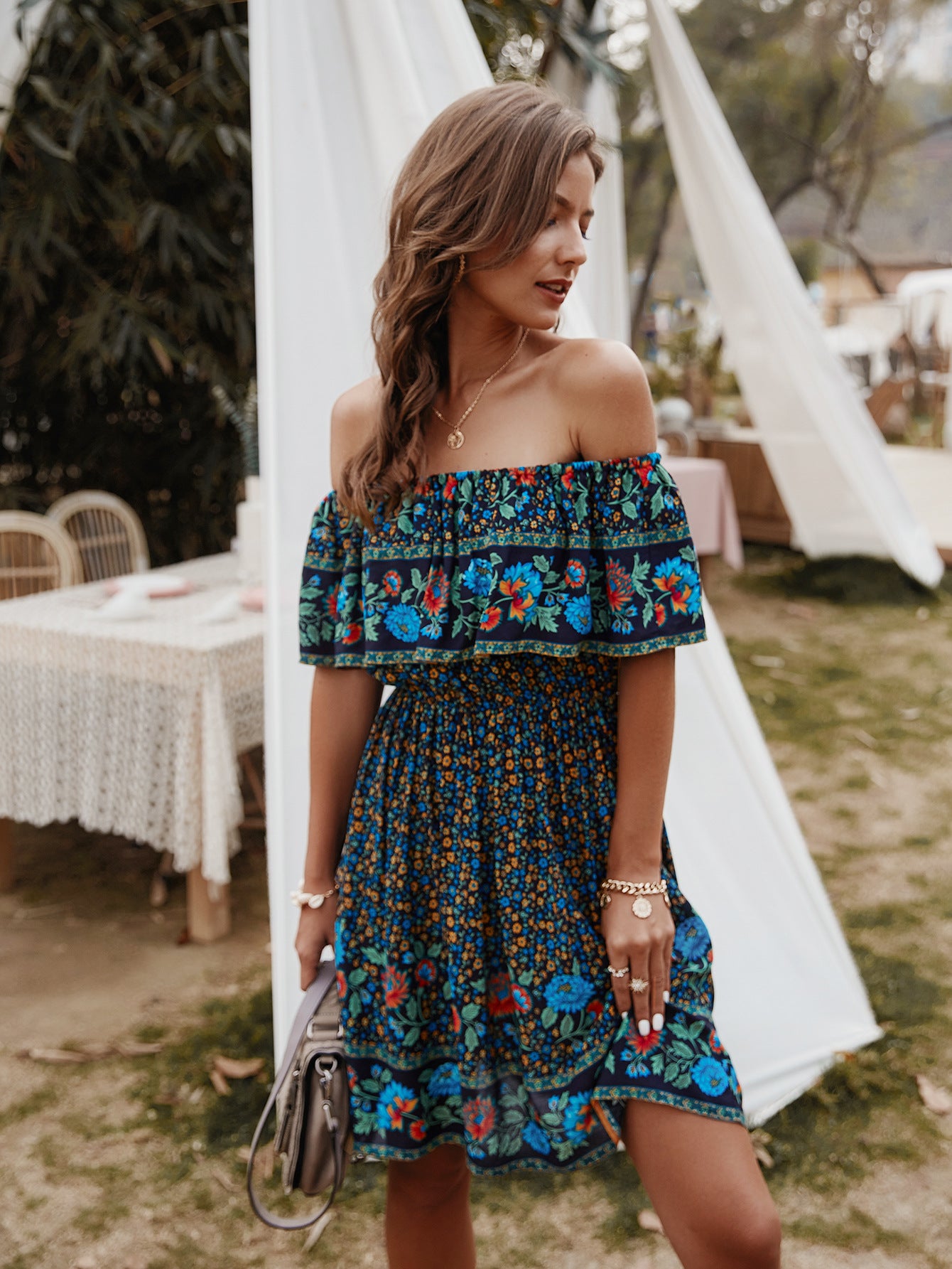 Bohemian Print Off-Shoulder Strapless Knee Length Dress - Lecatta