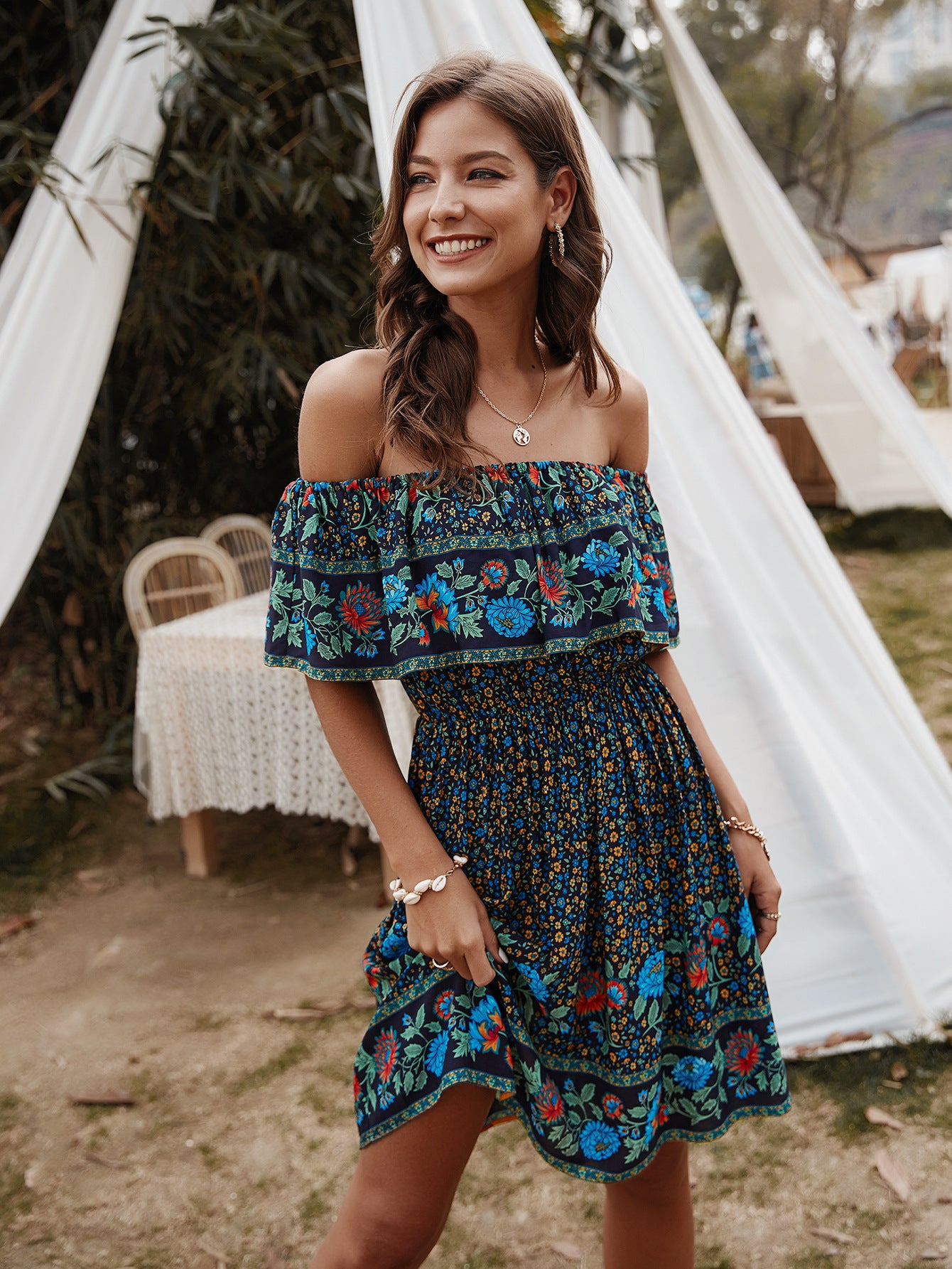 Bohemian Print Off-Shoulder Strapless Knee Length Dress - Lecatta