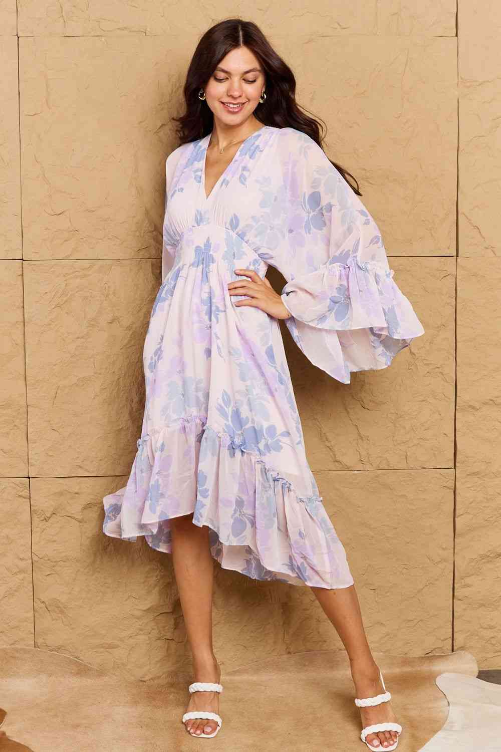 Floral Bell Sleeve Midi Dress in Blue
