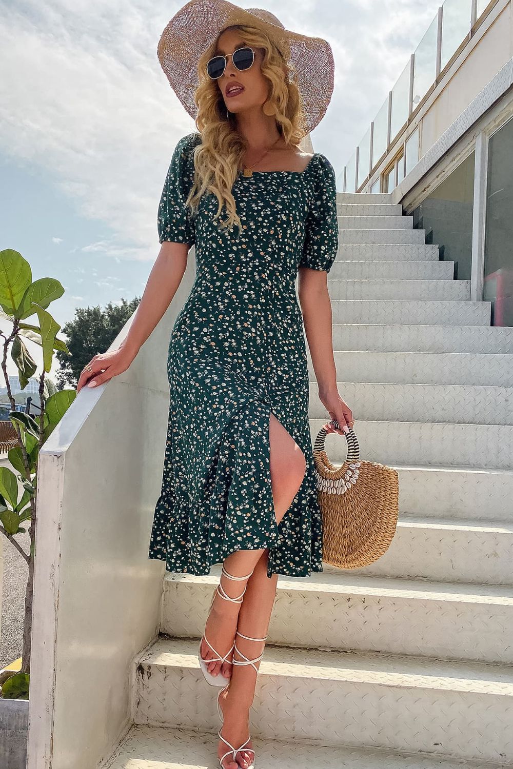 Floral Square Neck Slit Dress - Lecatta