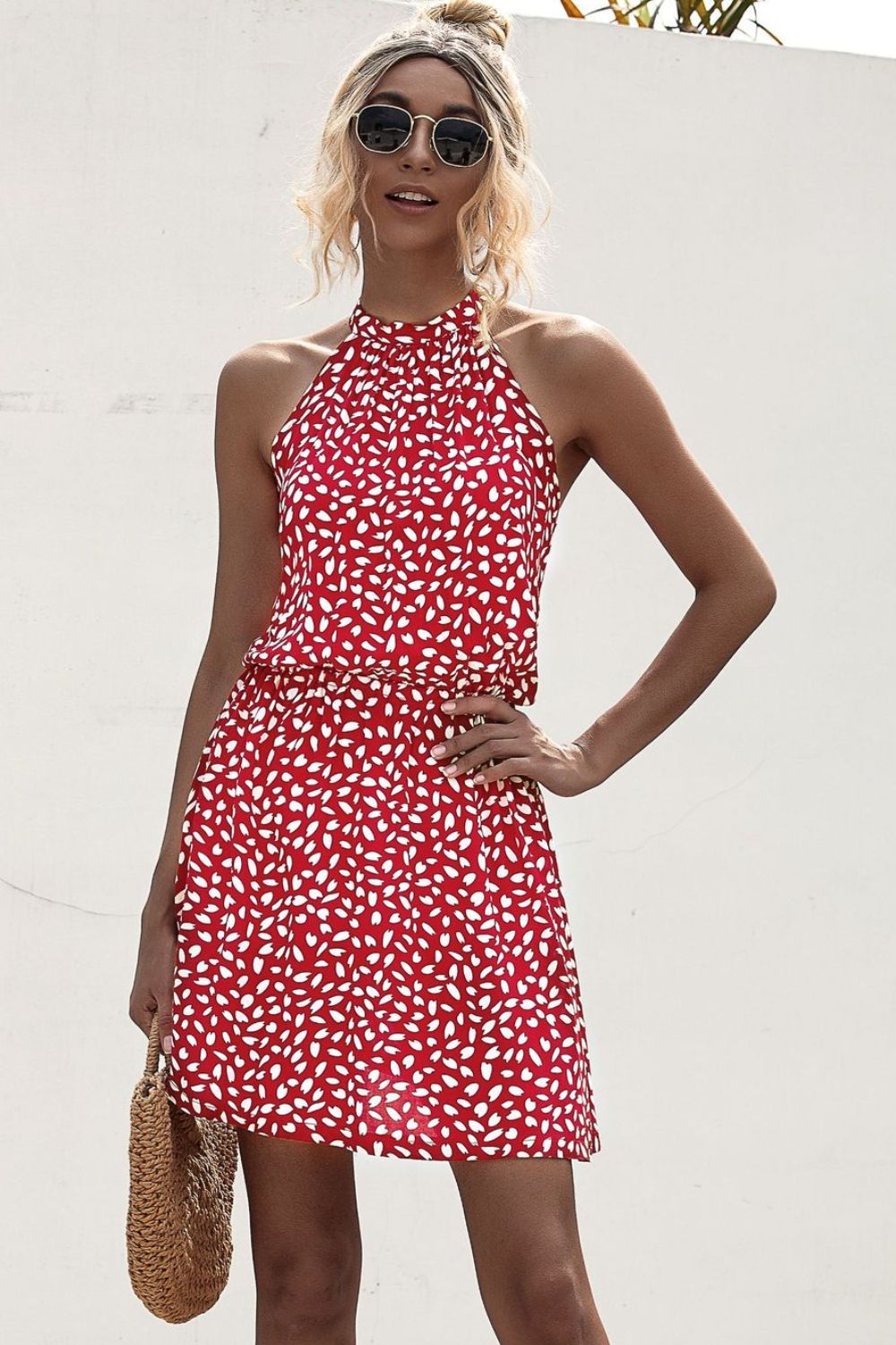 Printed Grecian Neck Mini Dress - Lecatta