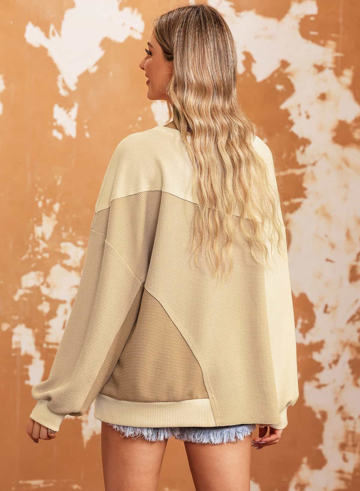 Color Block Round Neck Drop Shoulder Sweatshirt - Lecatta