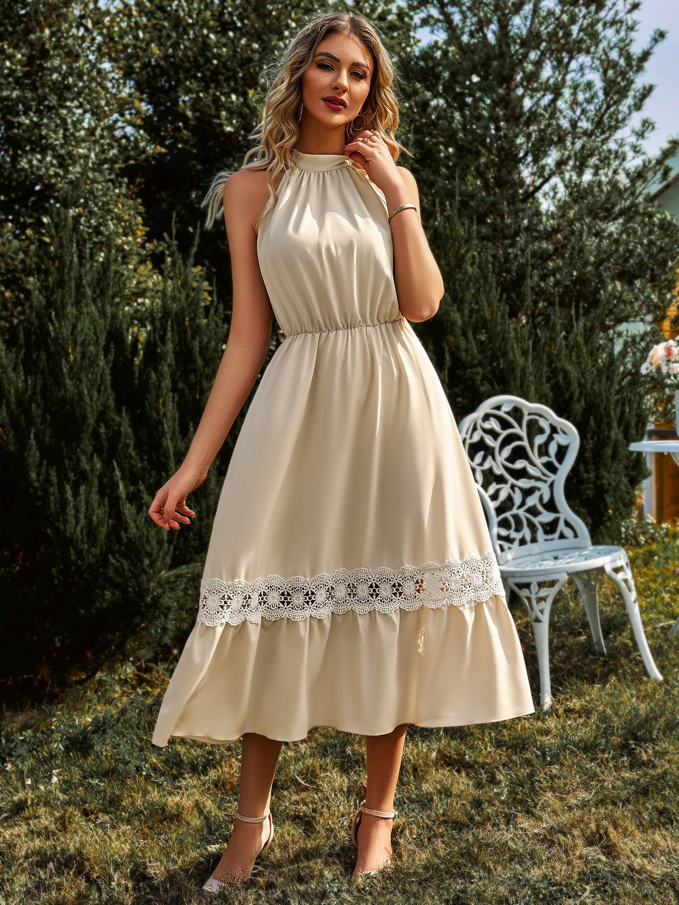 Grecian Neck Spliced Lace Midi Dress - Lecatta