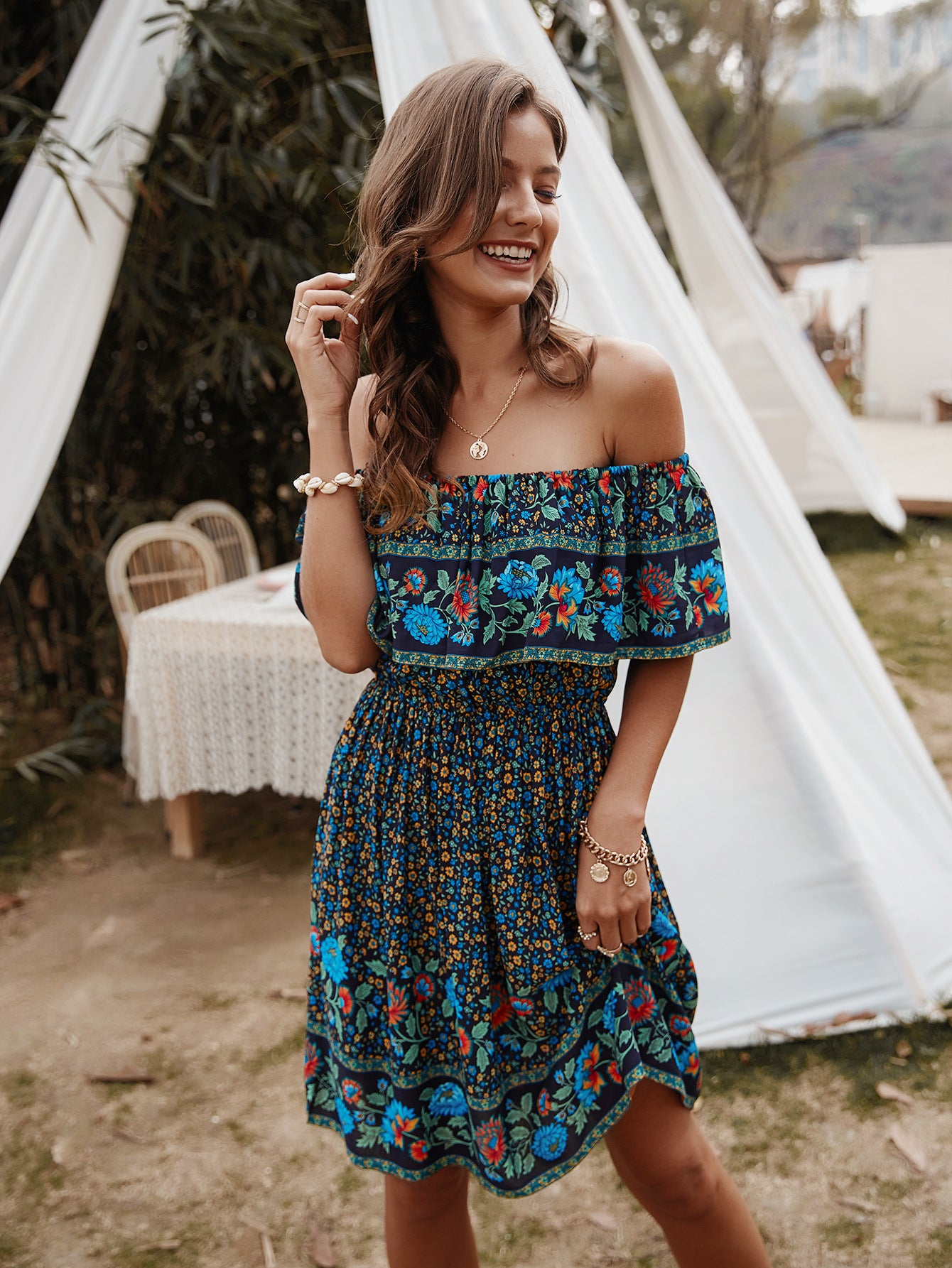 Bohemian Print Off-Shoulder Strapless Knee Length Dress - Lecatta