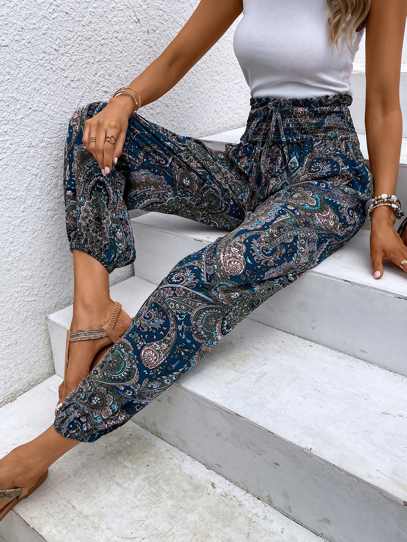 Paisley Print Smocked High-Waist Pants - Lecatta