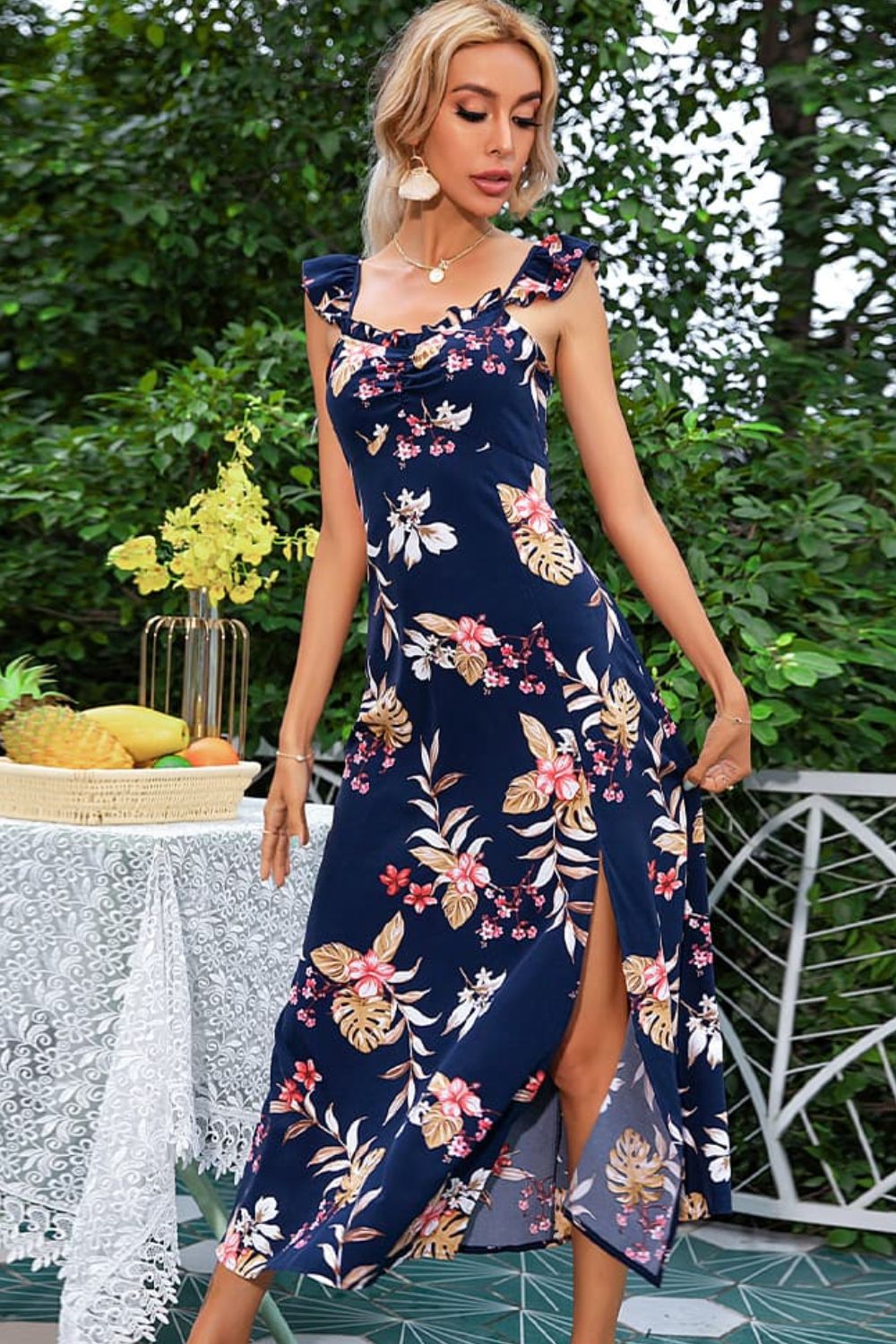 Floral Print Sleeveless Square Neck Slit Midi Dress - Lecatta