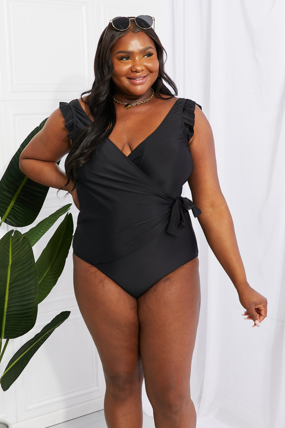 Ruffle Faux Wrap One-Piece in Black - Lecatta