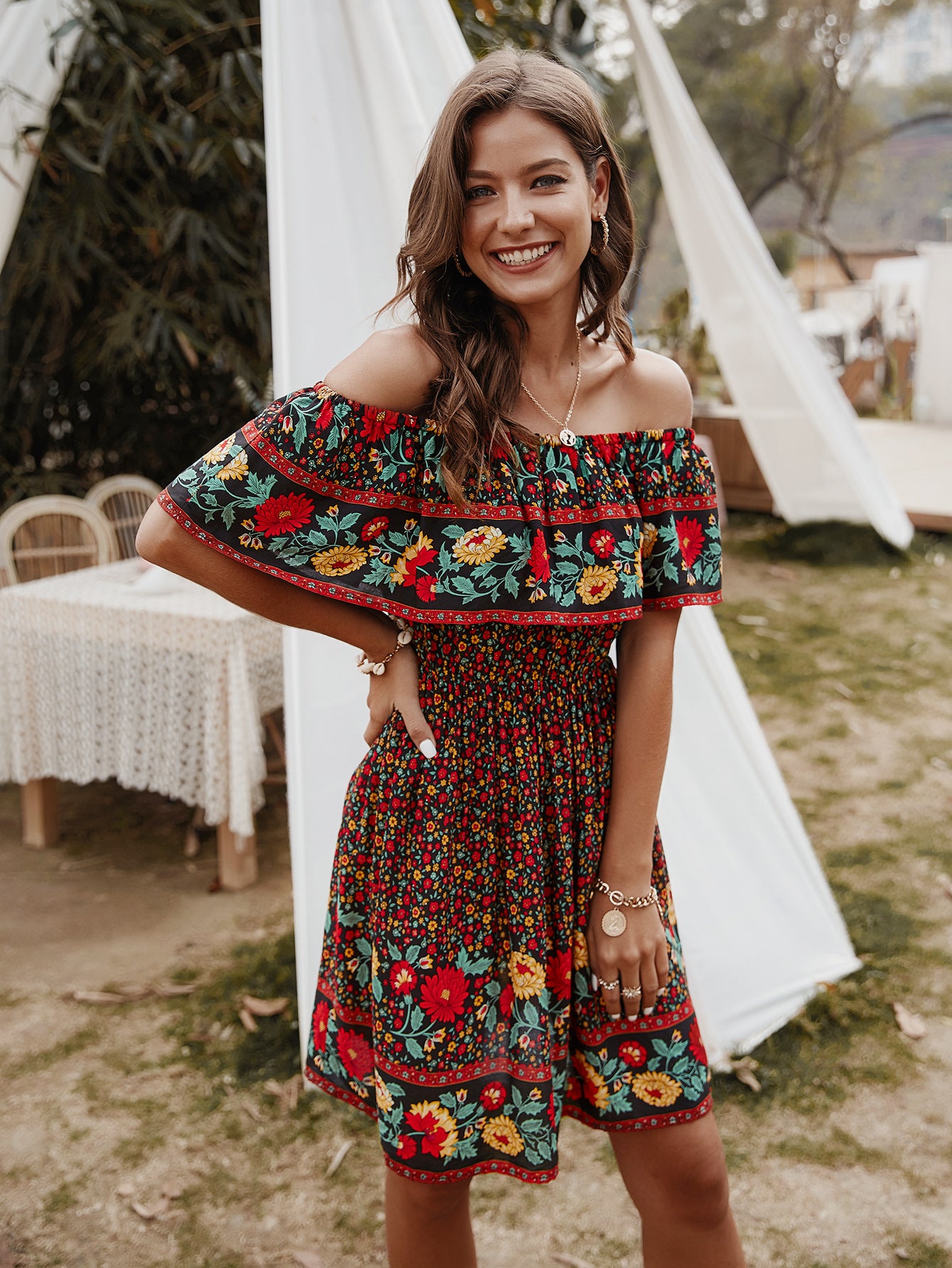 Bohemian Print Off-Shoulder Strapless Knee Length Dress - Lecatta