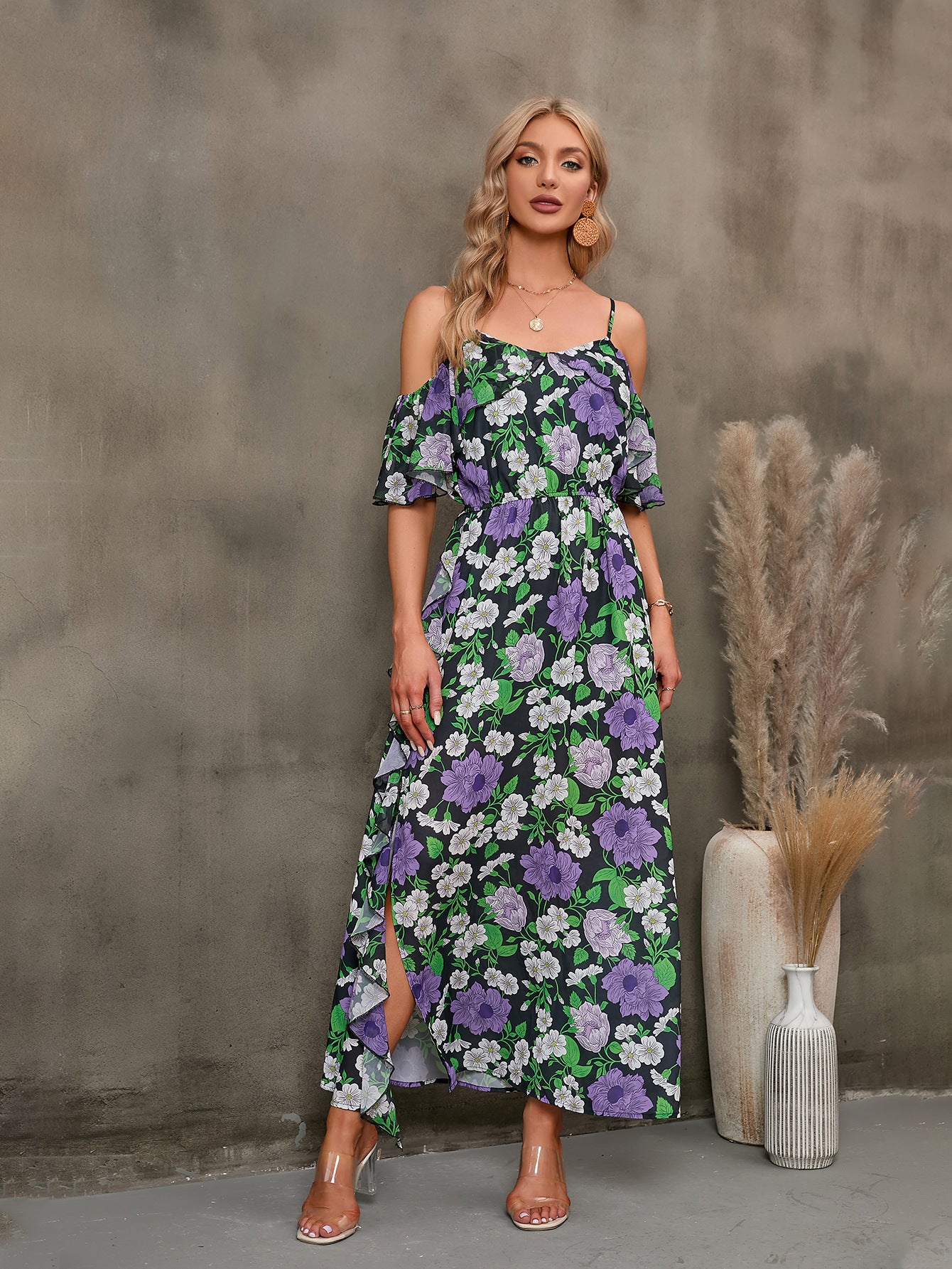 Floral Spaghetti Strap Cold-Shoulder Slit Maxi Dress - Lecatta