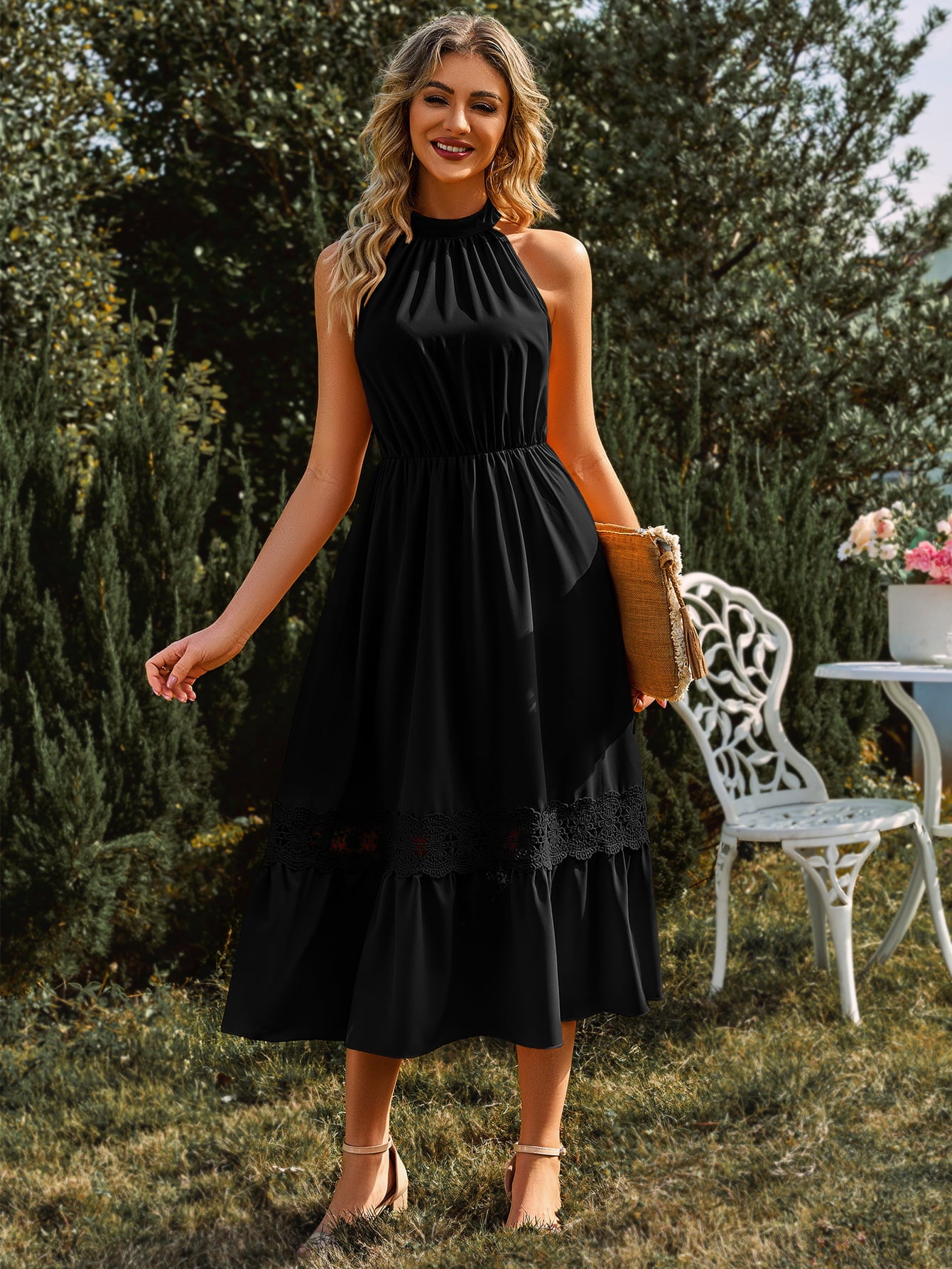 Grecian Neck Spliced Lace Midi Dress - Lecatta