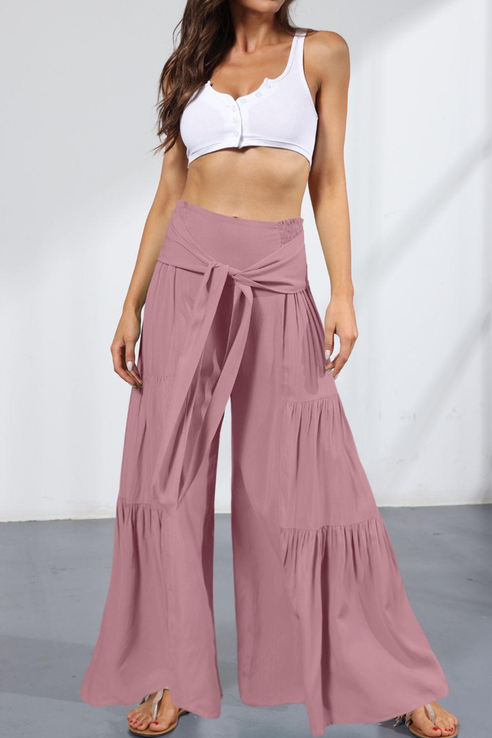 Tie Front Smocked Tiered Culottes - Lecatta