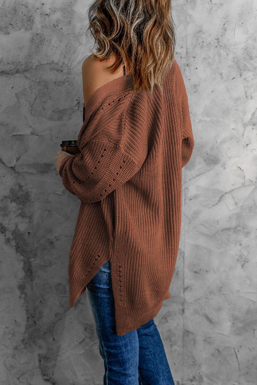 Openwork Rib-Knit Slit Cardigan - Lecatta