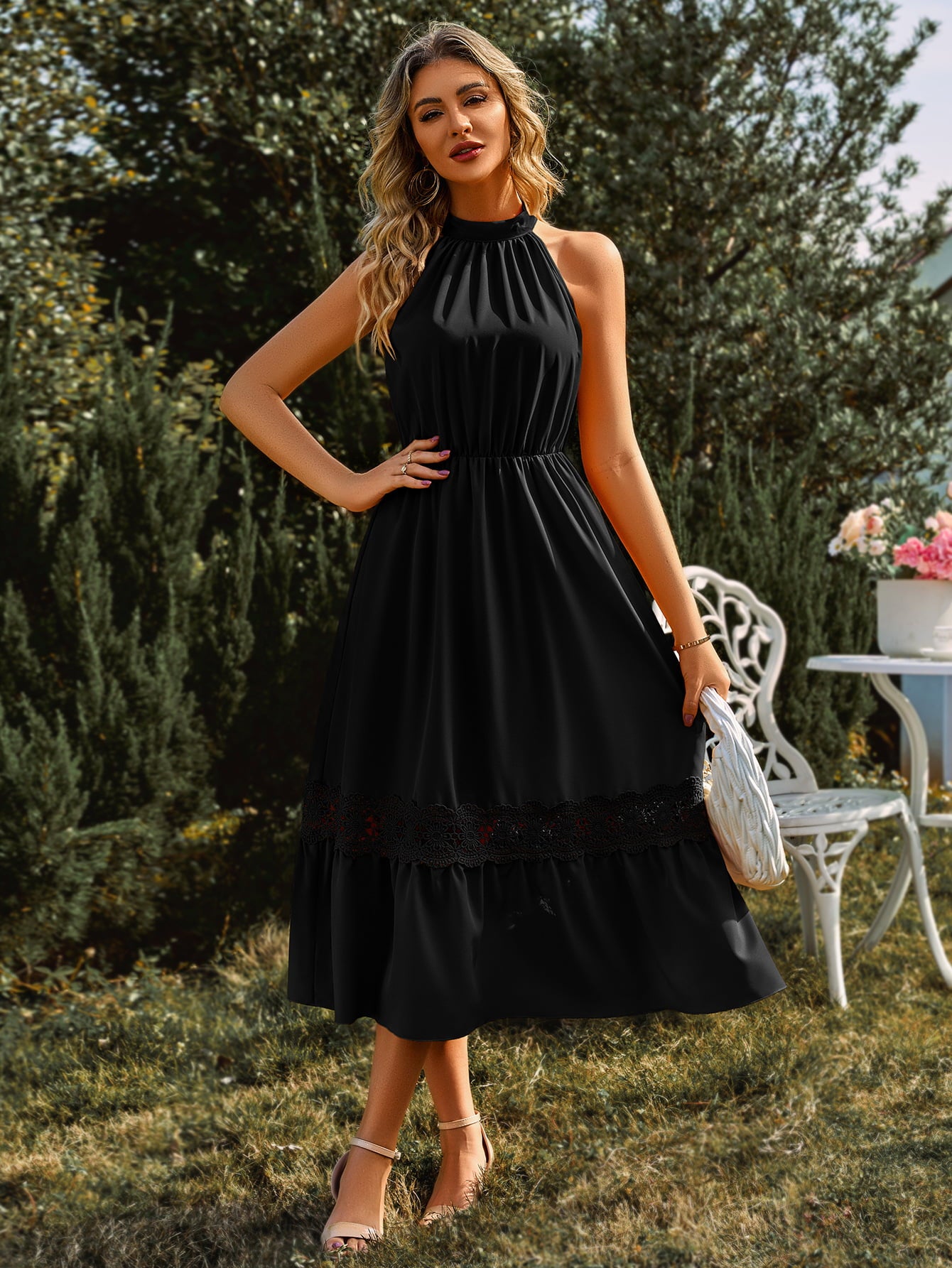 Grecian Neck Spliced Lace Midi Dress - Lecatta