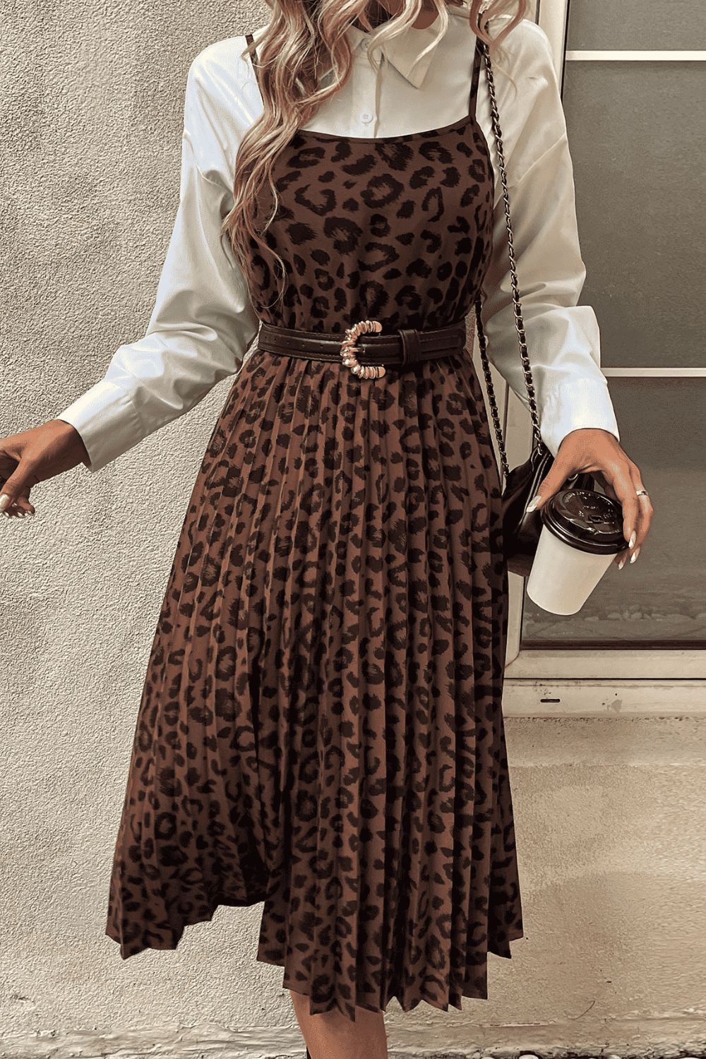Leopard Print Spaghetti Straps Straight Neck Midi Dress - Lecatta