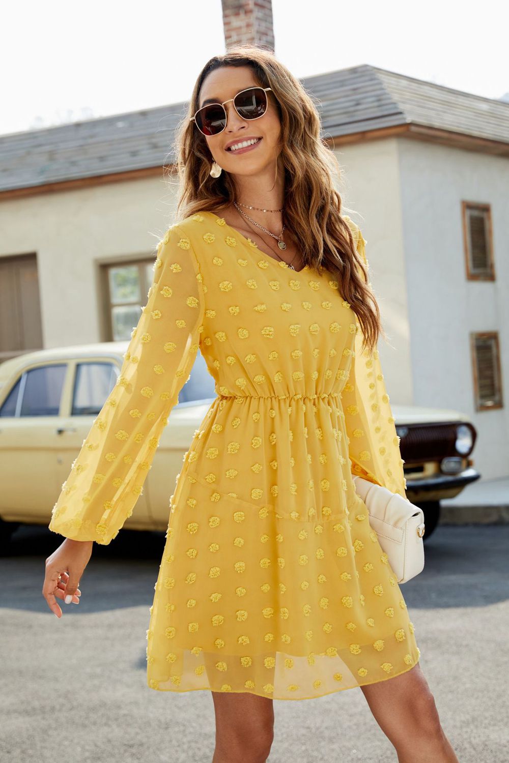 Swiss Dot V-Neck Lantern Sleeve Mini Dress - Lecatta
