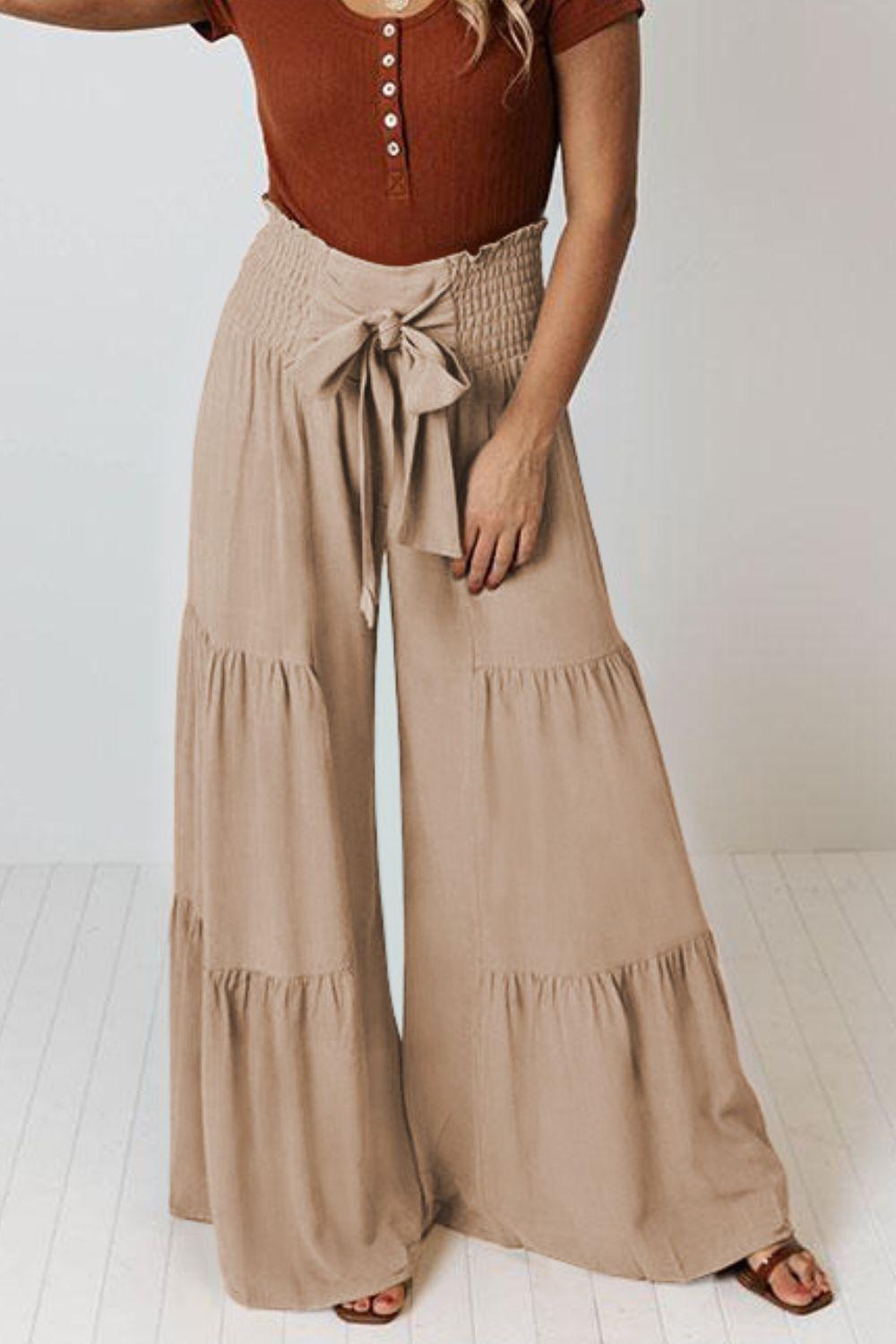 Tie Front Smocked Tiered Culottes - Lecatta