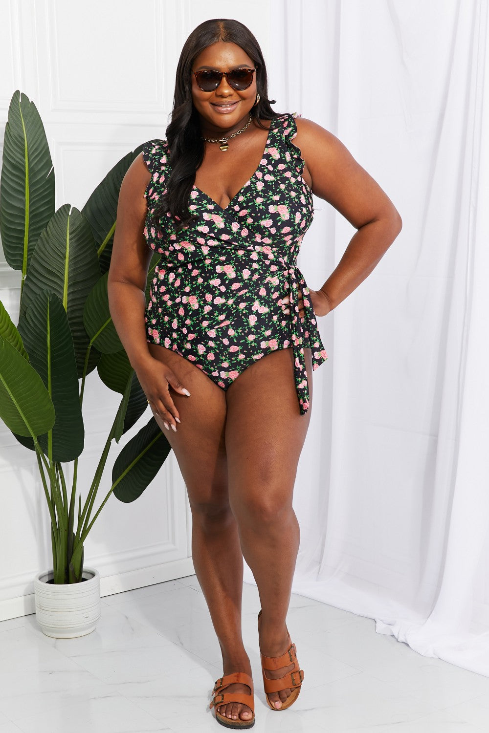 Ruffle Faux Wrap One-Piece in Floral - Lecatta