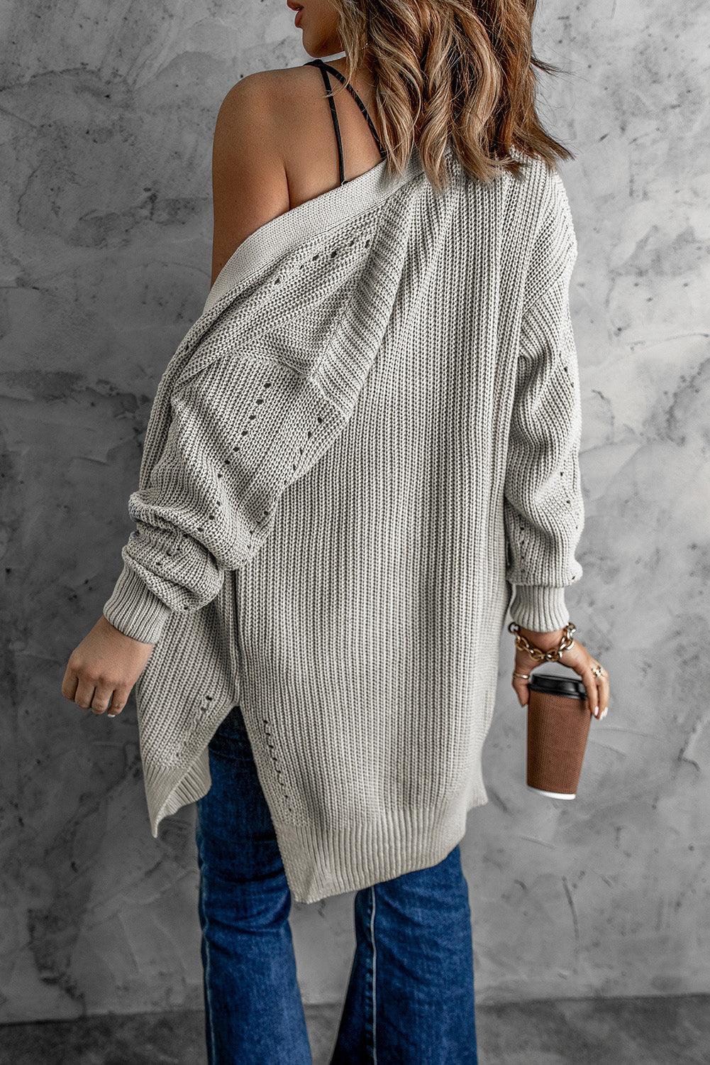 Openwork Rib-Knit Slit Cardigan - Lecatta