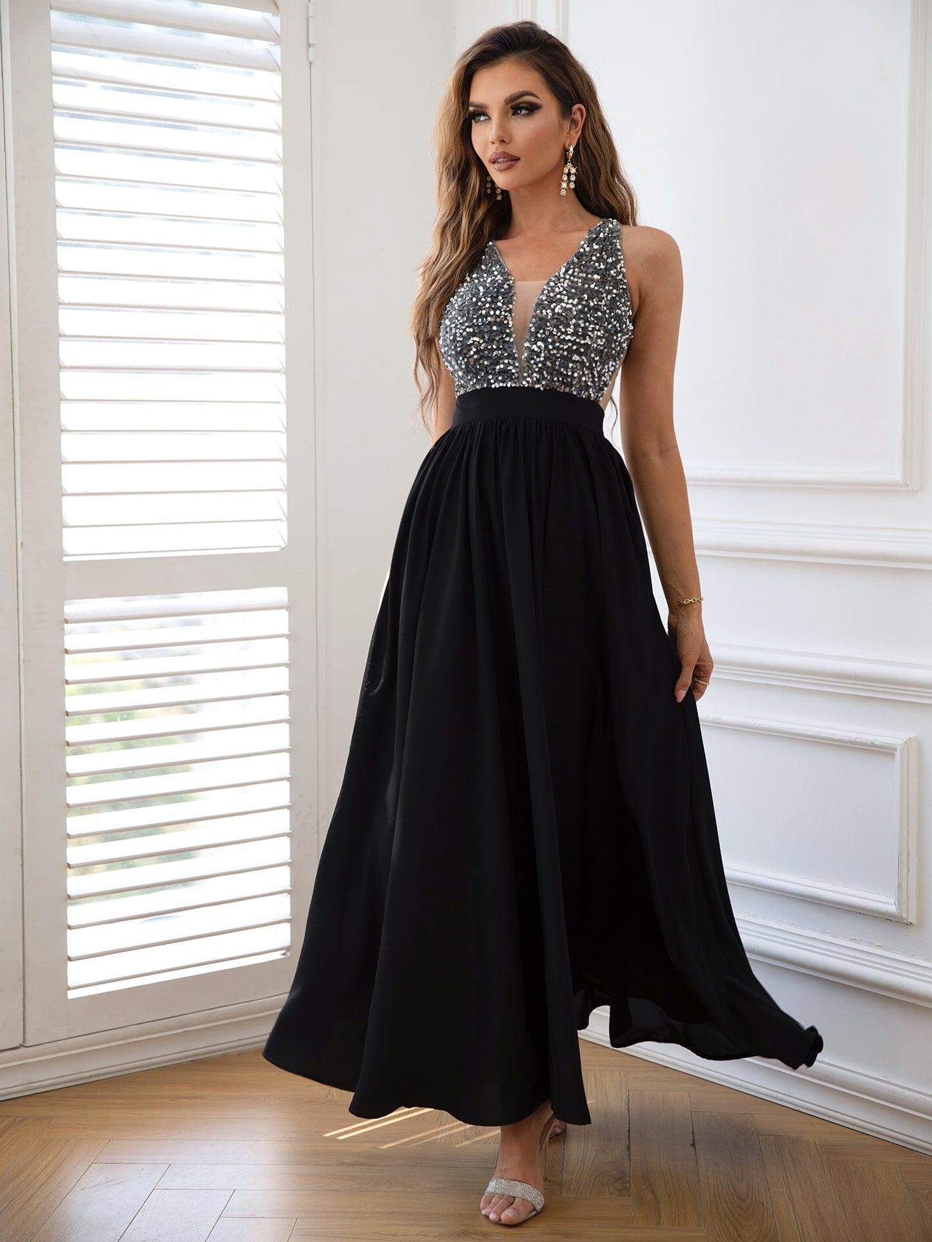 Contrast Sequin Sleeveless Maxi Dress - Lecatta