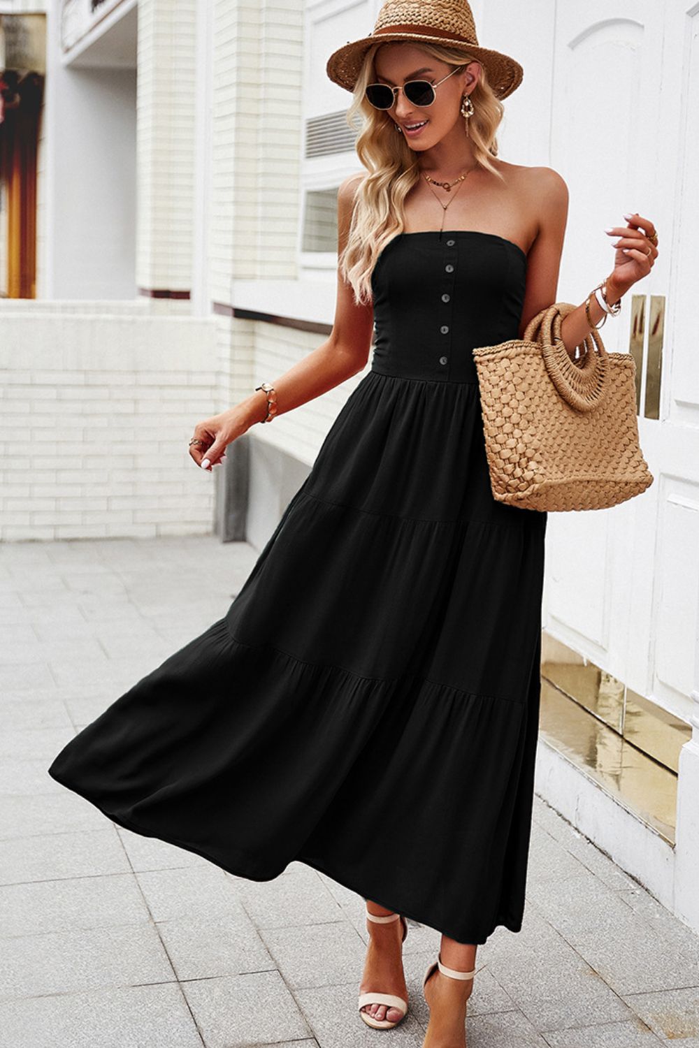 Strapless Buttoned Tiered Dress with Pockets - Lecatta