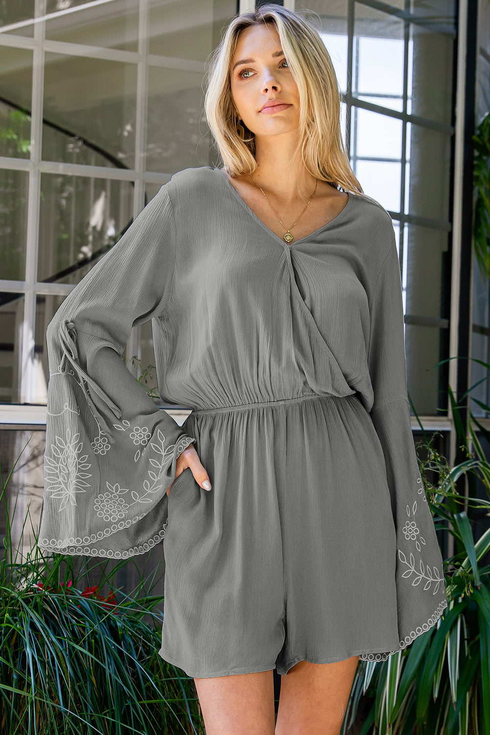 Surplice Neck Flare Sleeve Romper - Lecatta