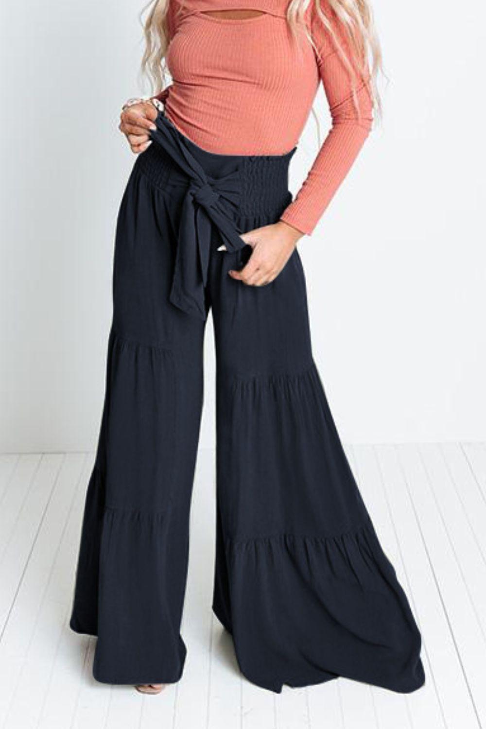 Tie Front Smocked Tiered Culottes - Lecatta