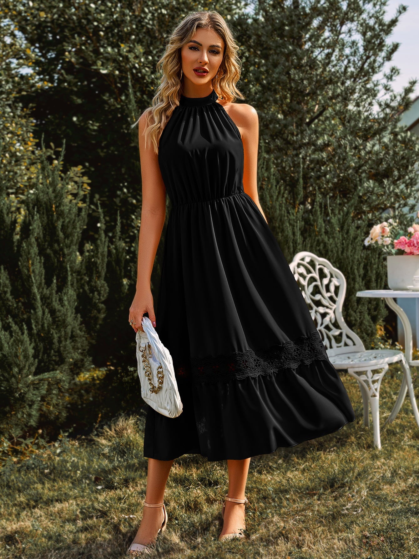 Grecian Neck Spliced Lace Midi Dress - Lecatta