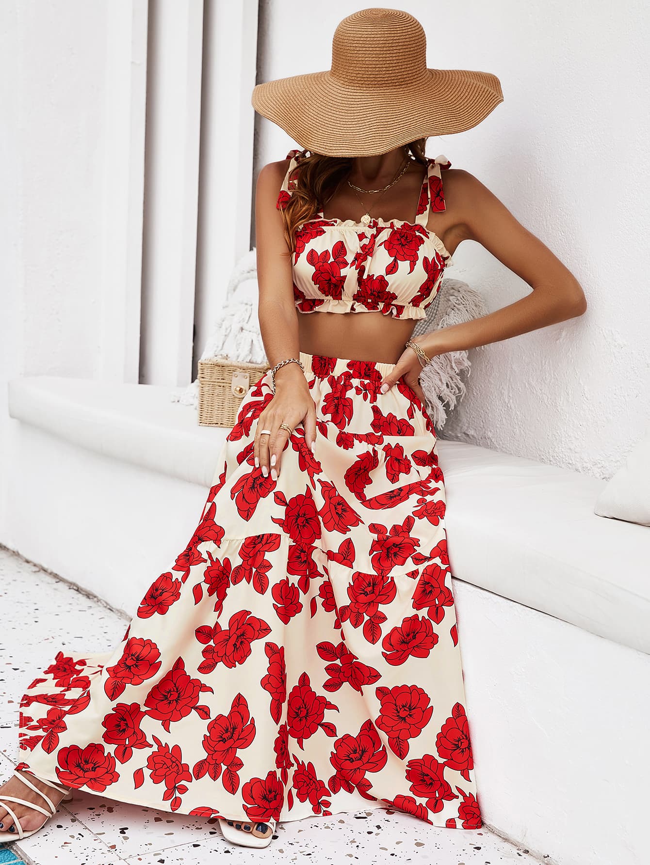 Floral Tie Shoulder Top and Tiered Maxi Skirt Set - Lecatta