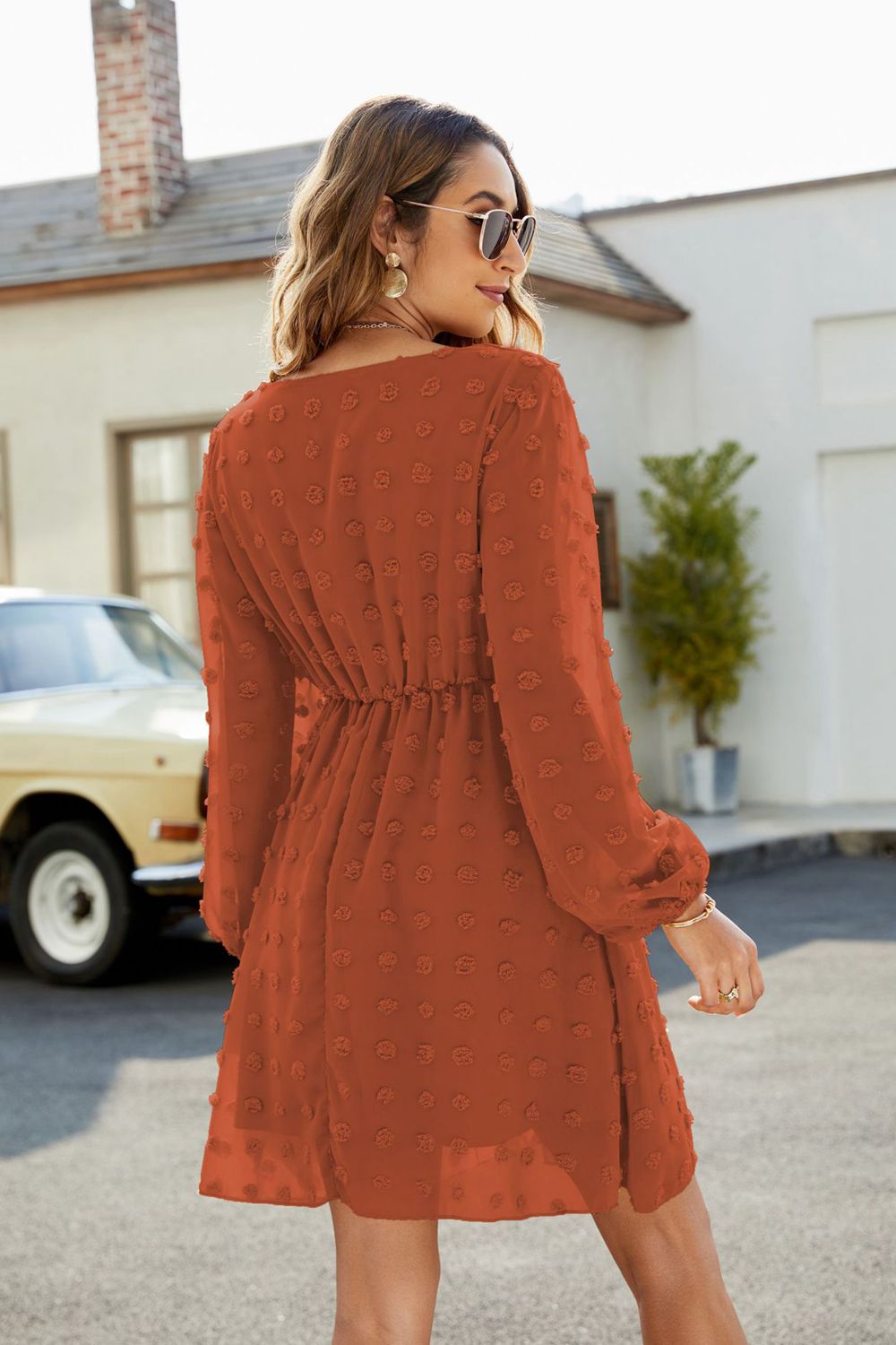 Swiss Dot V-Neck Lantern Sleeve Mini Dress - Lecatta